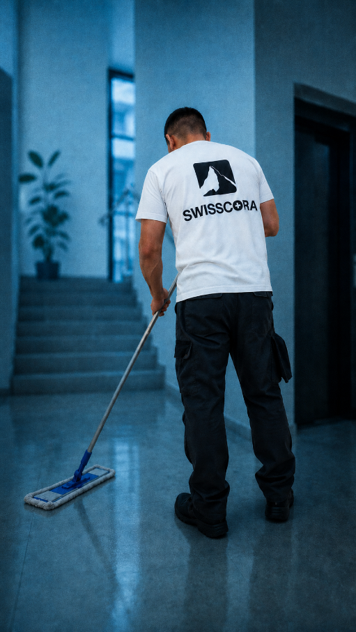 Agent SwissCora nettoyant le hall d'un immeuble à Fribourg